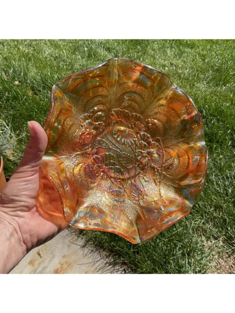 Vintage Fenton Orange Tree Marigold Carnival Ruffeled Bowl Iridescent Gold